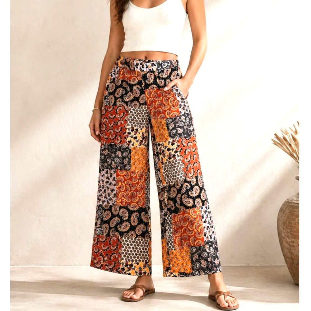 Truth Palazzo Wide Leg Pants M Orange Brown Indie Boho Resort Patchwork Paisley
